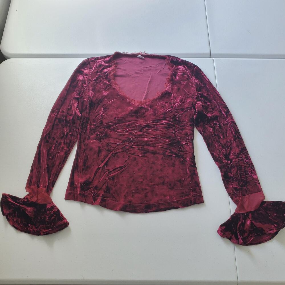 90s Y2K Fairy Grunge Whimsigoth Top Small Maroon Red Crushed Velvet Bell Sleeve